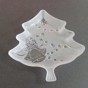 Celebrations Crystal Clear Frosted Christmas Tree Plate 7.5" Pressed Glass Dish
